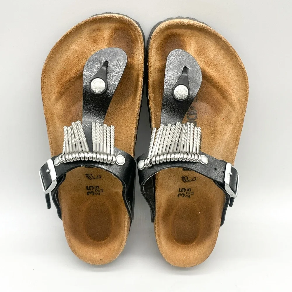 Birkenstock Womens 35 4 Gizeh Fringe Sandals Black Leather Silver Hardware Boho